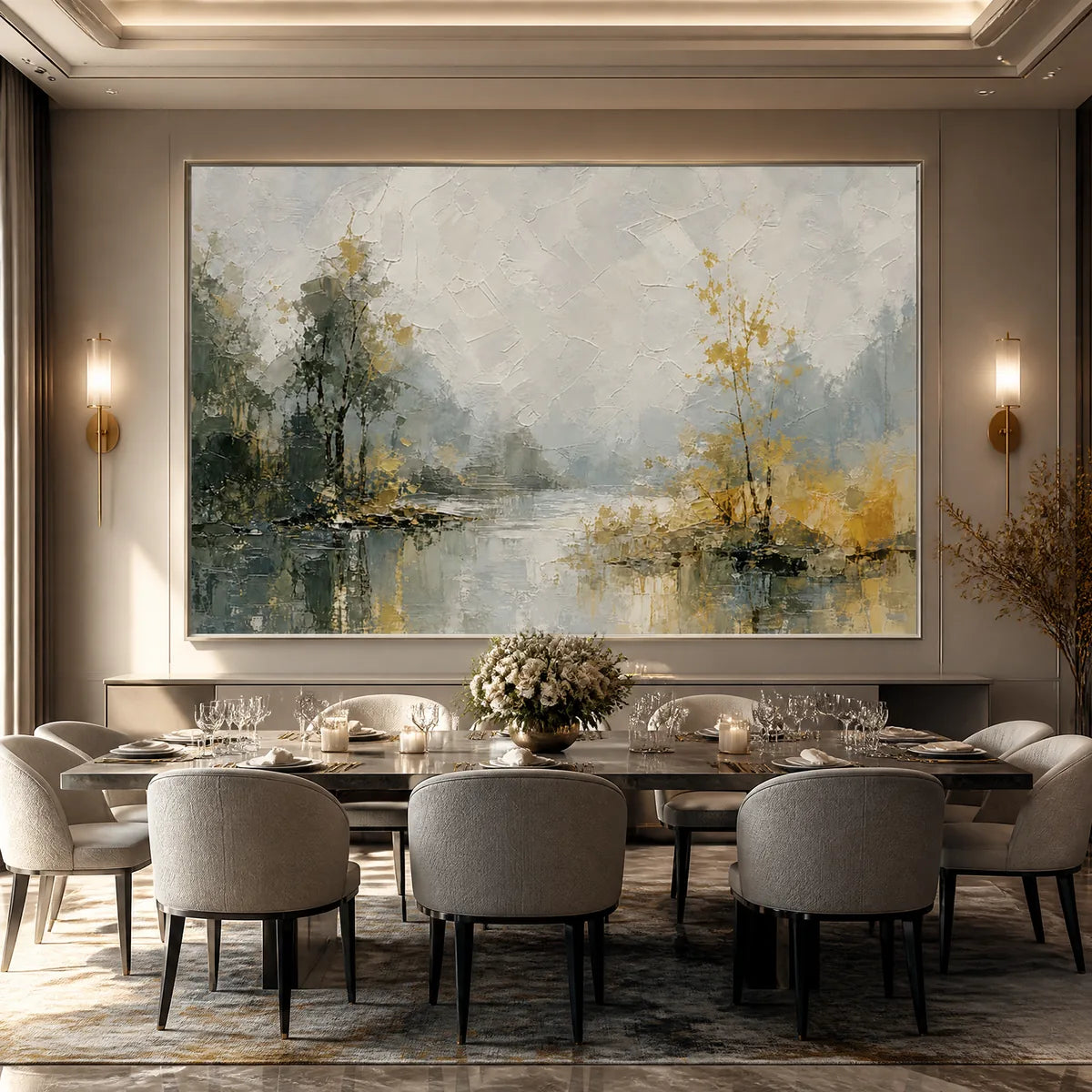 FOREST VEIL: Misty Forest Lake Painting