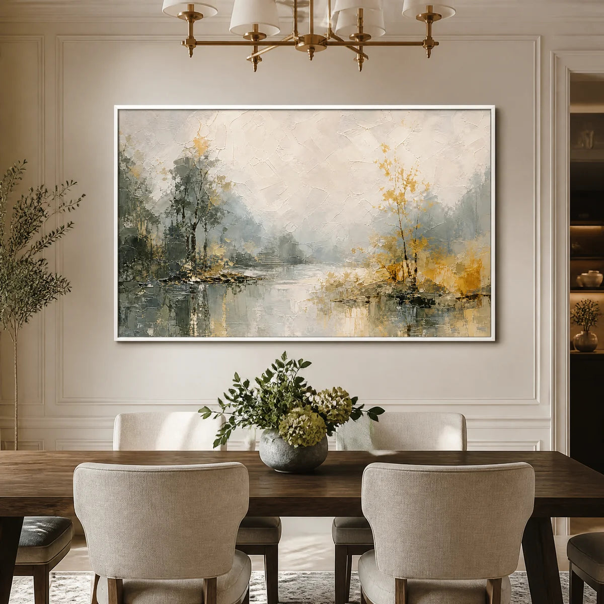 Modern impressionist oil painting of lakeside trees with heavy impasto brushstrokes, set in a clean white frame, showcased in a bright and elegant dining room interior.
