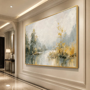 FOREST VEIL: Misty Forest Lake Painting