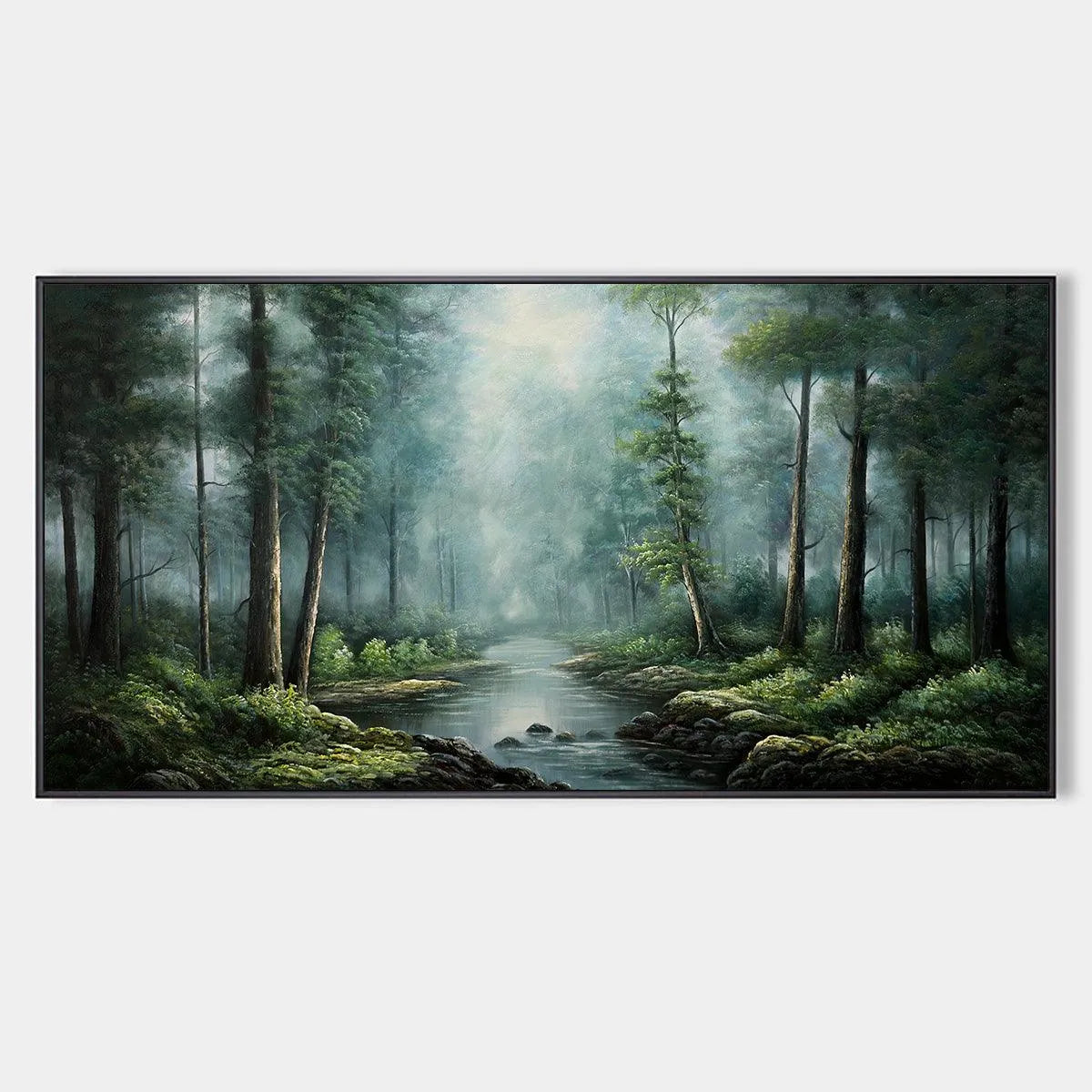 Panoramic Forest Painting with Stream, Misty Landscape, Canvas Wall Art