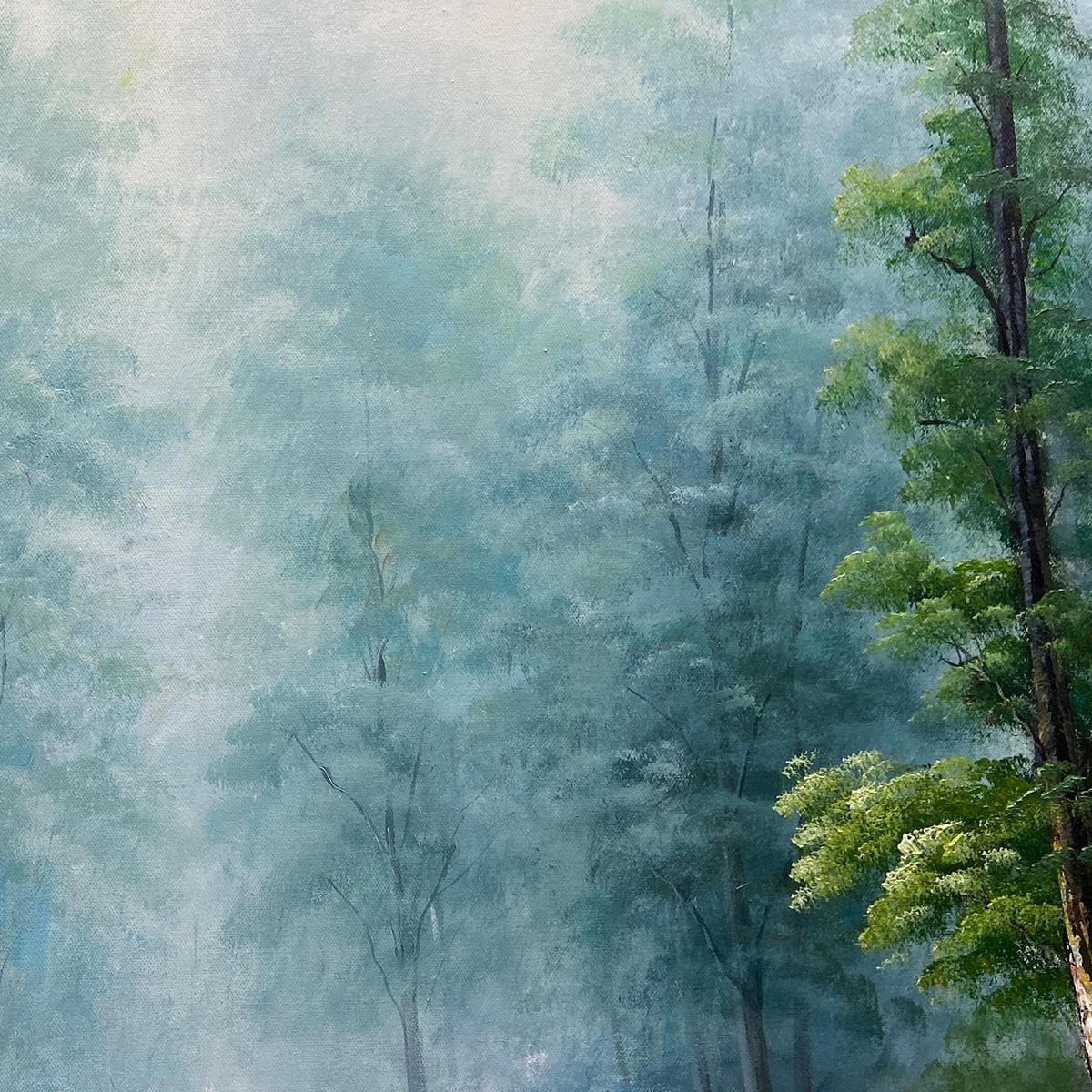 FOREST PATH: Panoramic Forest Painting with Stream, Misty Landscape, Canvas Wall Art