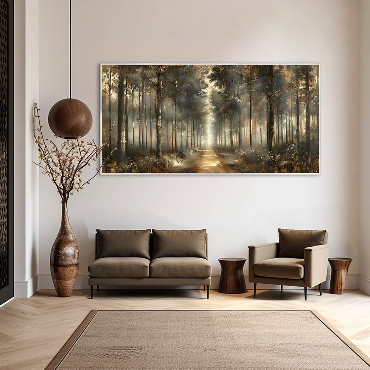 FOREST PATH: Panoramic Misty Forest Landscape Oil Painting