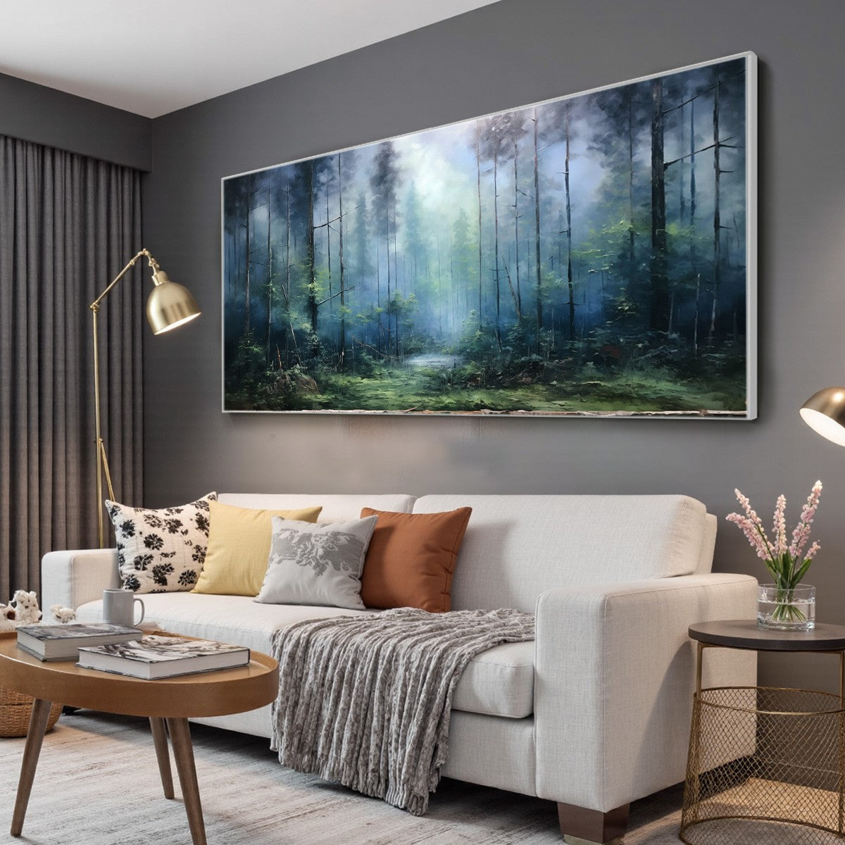 FOREST WHISPERS: Panoramic Misty Forest Oil Painting