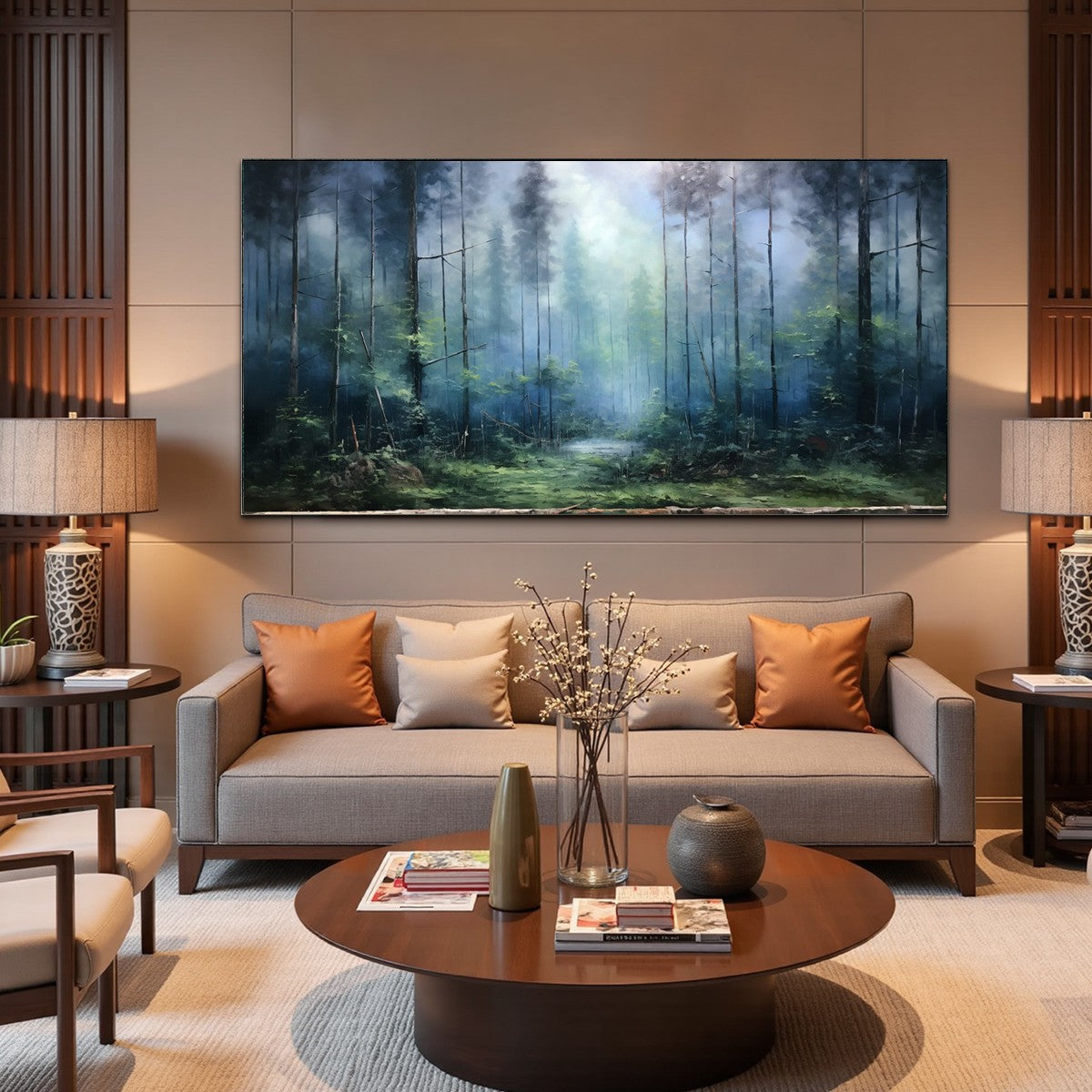 FOREST WHISPERS: Panoramic Misty Forest Oil Painting