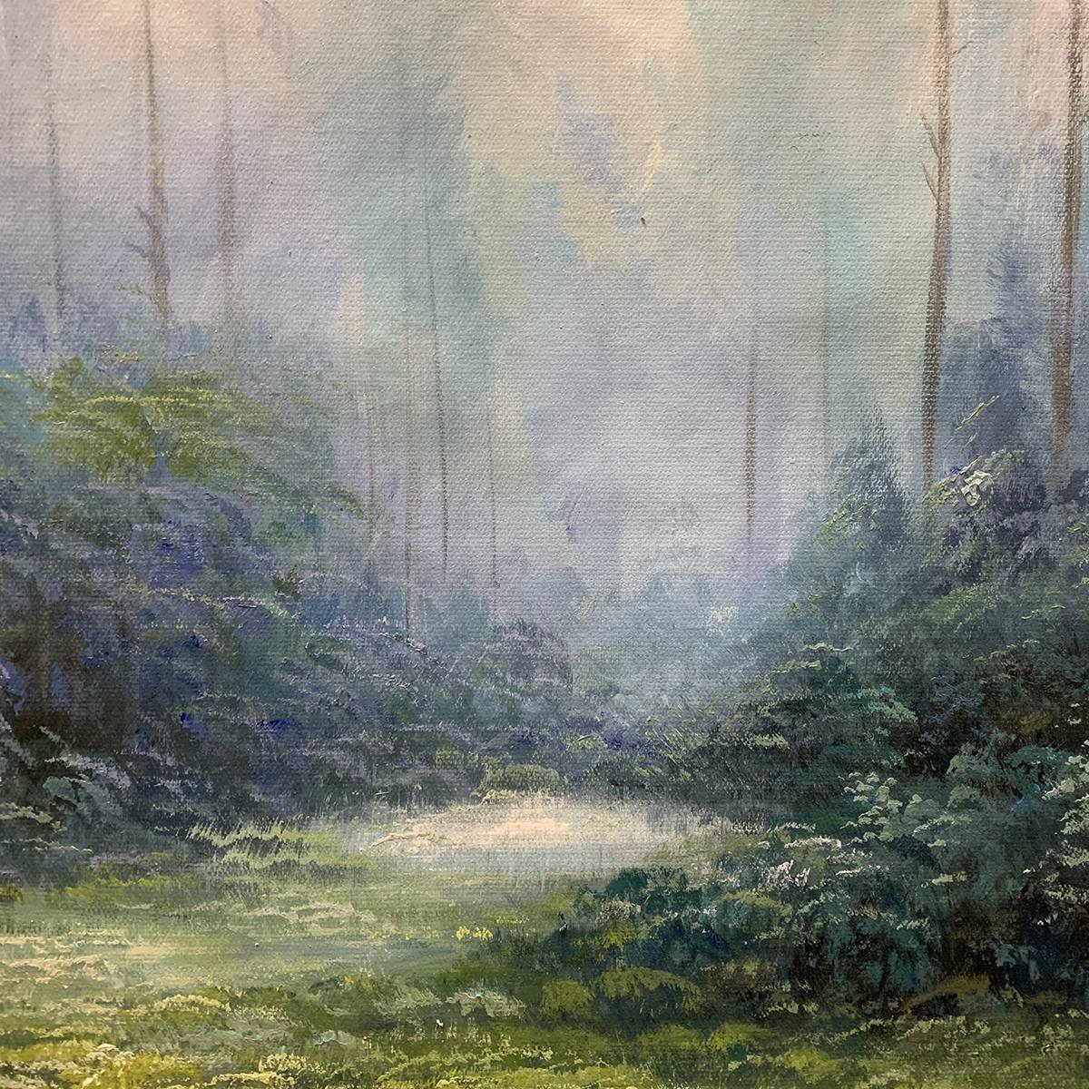 Forest Whispers: Original Panoramic Misty Forest Oil Painting