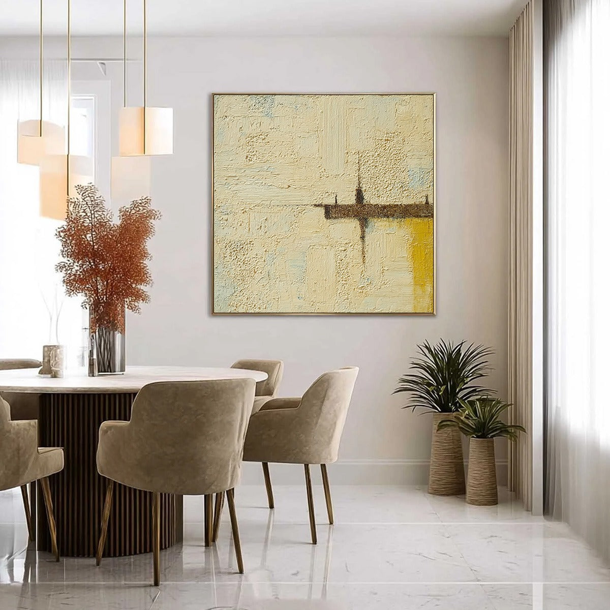 Handmade textured abstract oil painting: beige, brown, yellow. Wabi-Sabi original wall art.