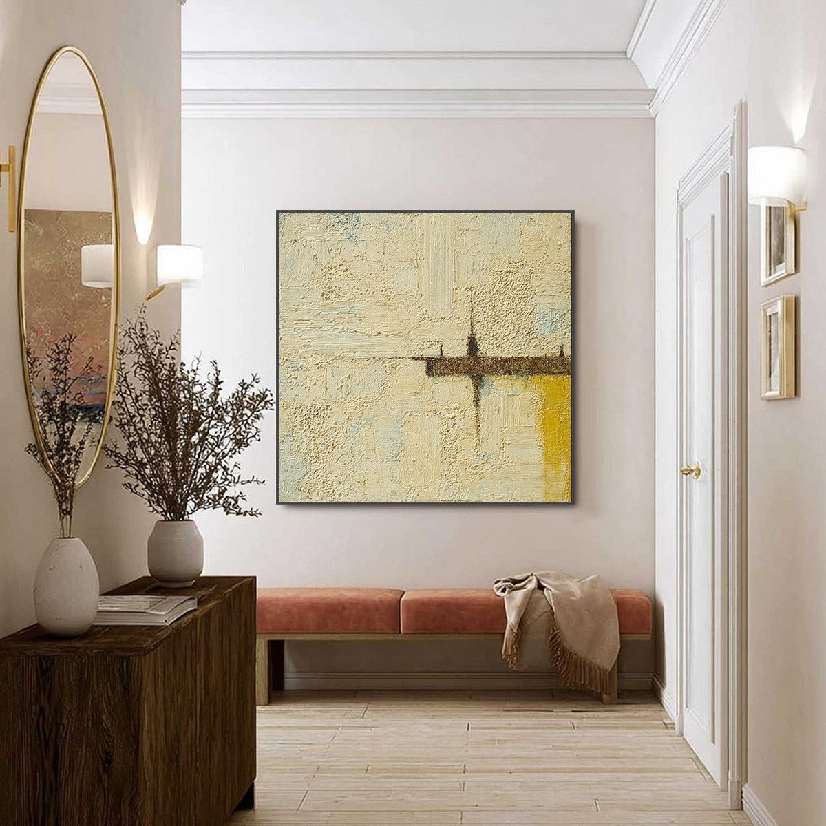 Original textured abstract oil painting FOUNDATION, beige cream brown Wabi-Sabi style.