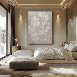 Original textured impasto abstract painting 'Foundations' in beige and grey.