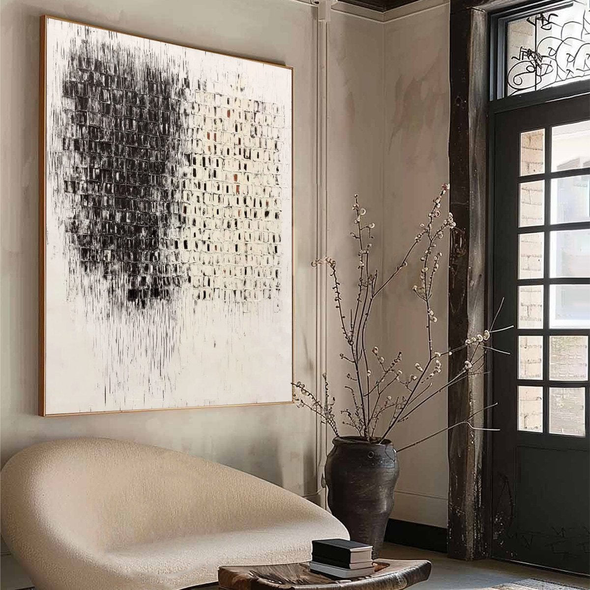 FRAGMENT: Textured Minimalist Black and White Architectural Painting