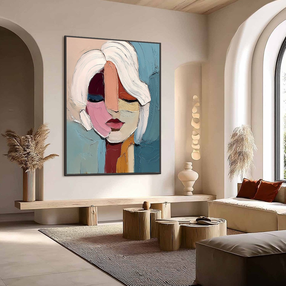 FRAGMENTED GAZE: Textured Abstract Portrait Oil Painting for Modern Decor