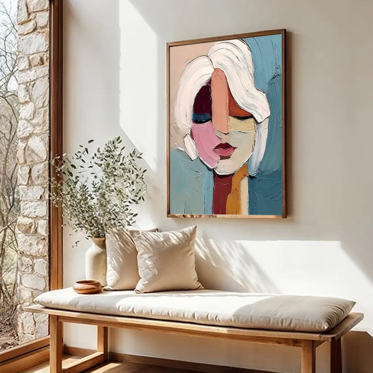 FRAGMENTED GAZE: Textured Abstract Portrait Oil Painting for Modern Decor