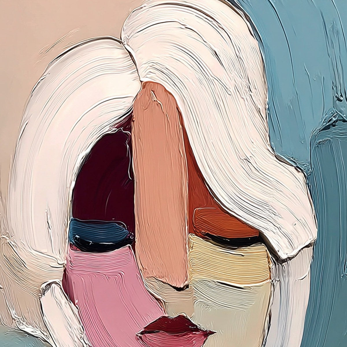 FRAGMENTED GAZE: Textured Abstract Portrait Oil Painting for Modern Decor