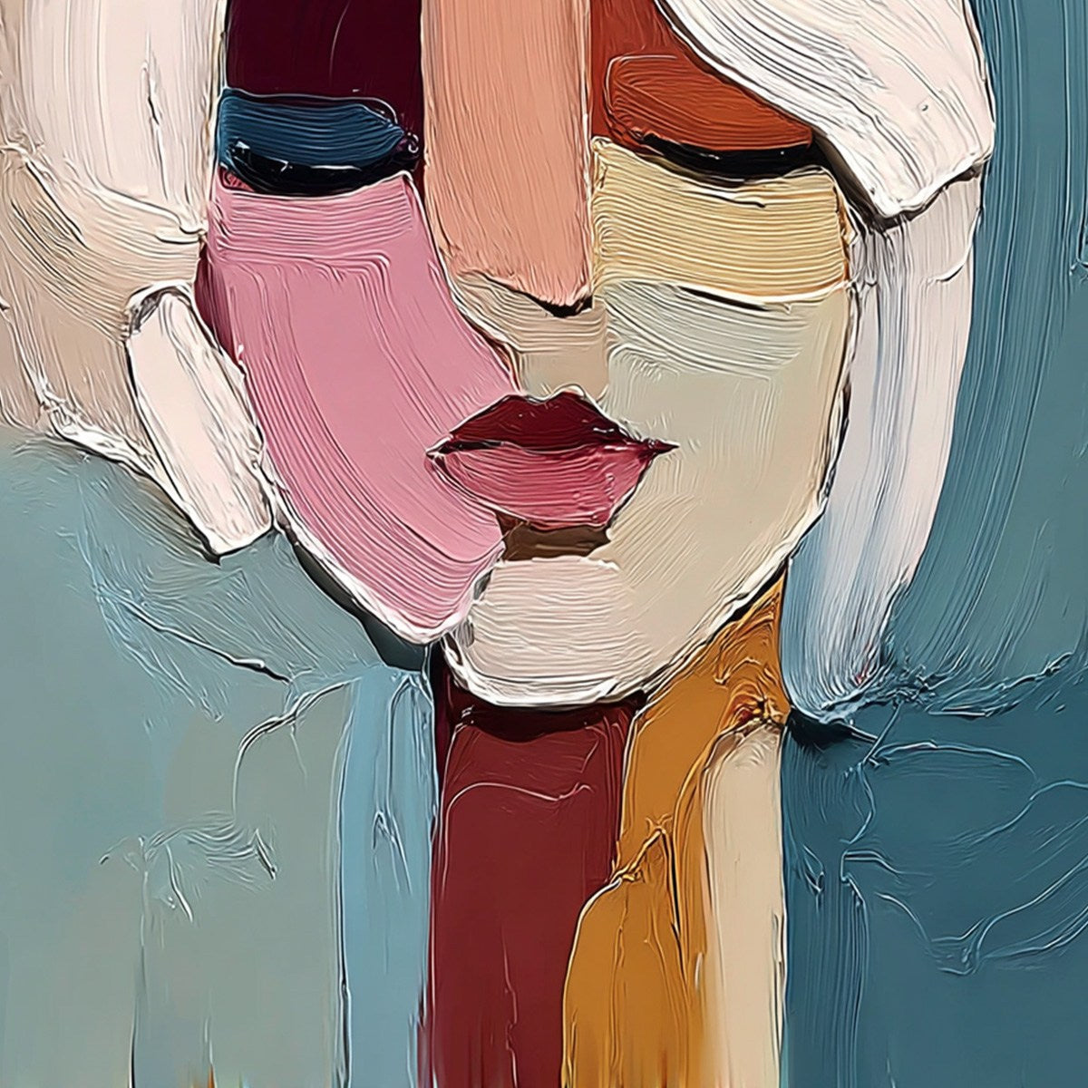 FRAGMENTED GAZE: Textured Abstract Portrait Oil Painting for Modern Decor