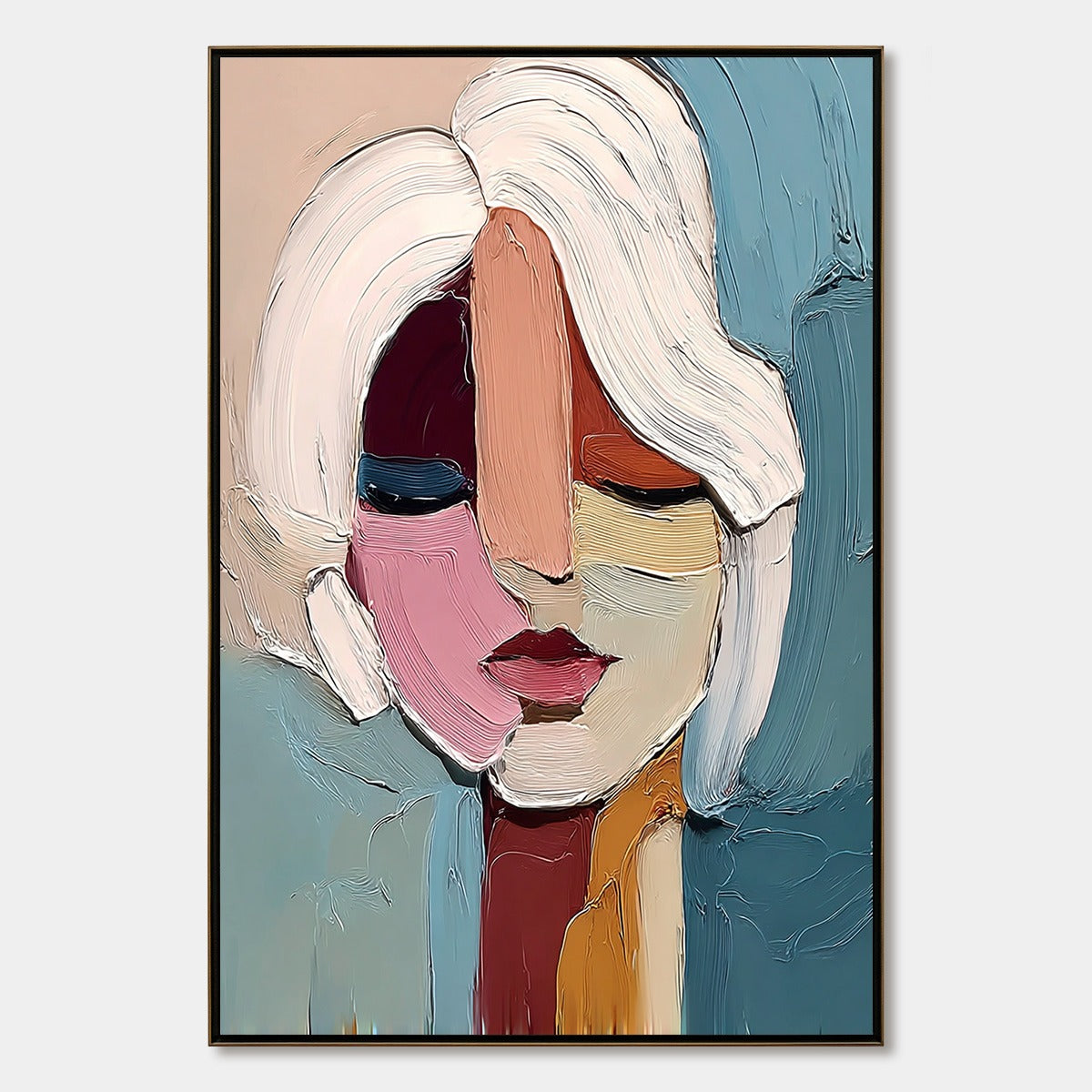 FRAGMENTED GAZE: Textured Abstract Portrait Oil Painting for Modern Decor