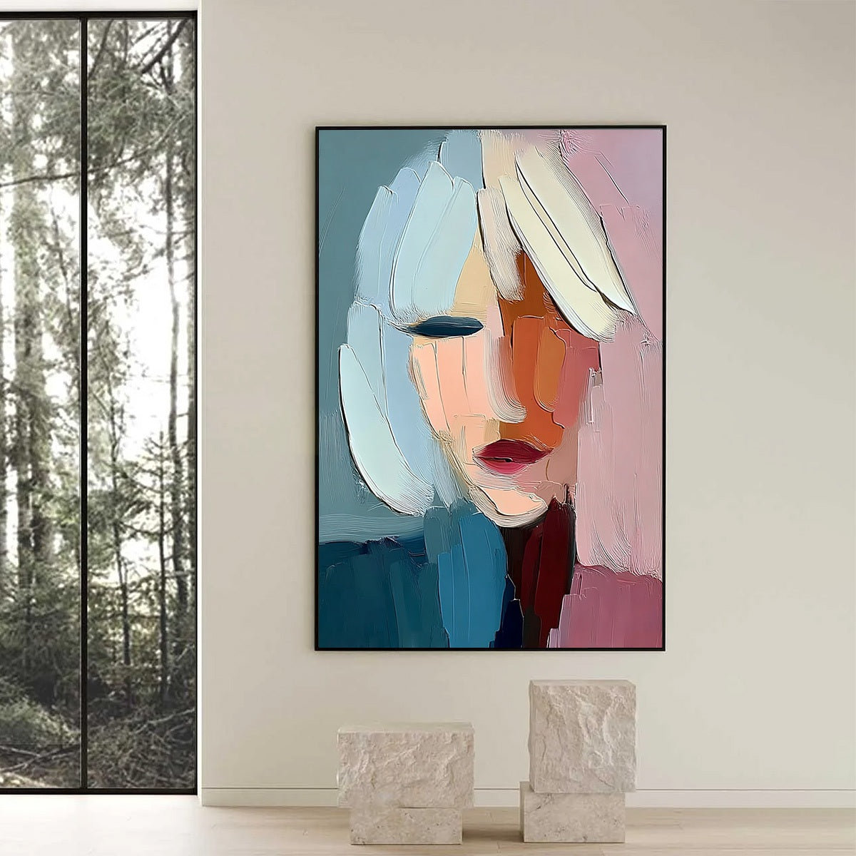 FRAGMENTED SERENITY: Colorful Abstract Portrait Impasto Oil Painting