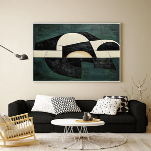 Fragmented Forms: Original Textured Abstract Oil Painting - Green Black White Geometric Vertical Wall Art