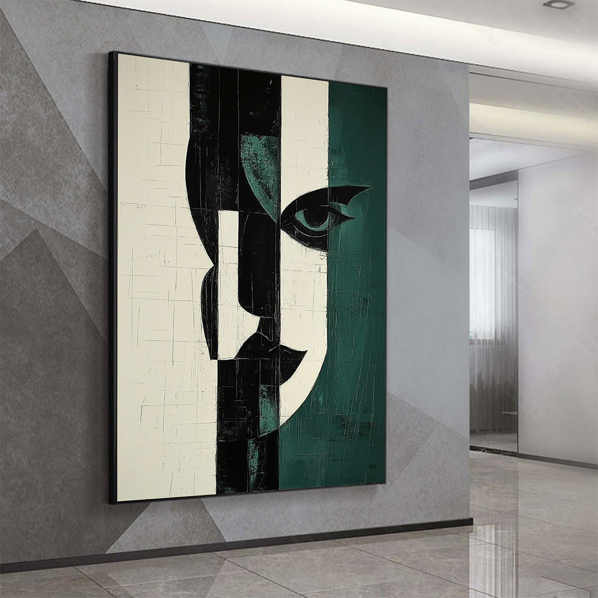  Fragmented Gaze: Original Textured Abstract Portrait Oil Painting - Vertical Black White Green Face Wall Art