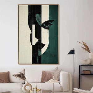  Fragmented Gaze: Original Textured Abstract Portrait Oil Painting - Vertical Black White Green Face Wall Art