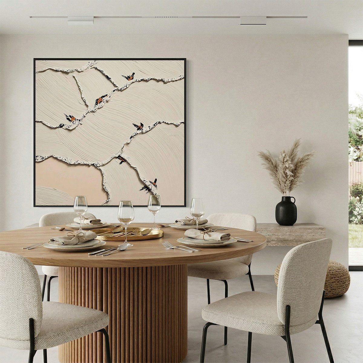 FRAGMENTS OF DAWN: Textured Wabi Sabi Painting of Perched Birds