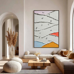 Modern wall art: textured impasto abstract painting, Wabi-Sabi style, white with color accents.