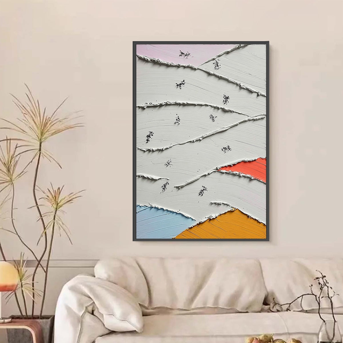 FRAGMENTS: Thick impasto white layers reveal abstract pink, blue, coral, orange colors. Wabi-Sabi.
