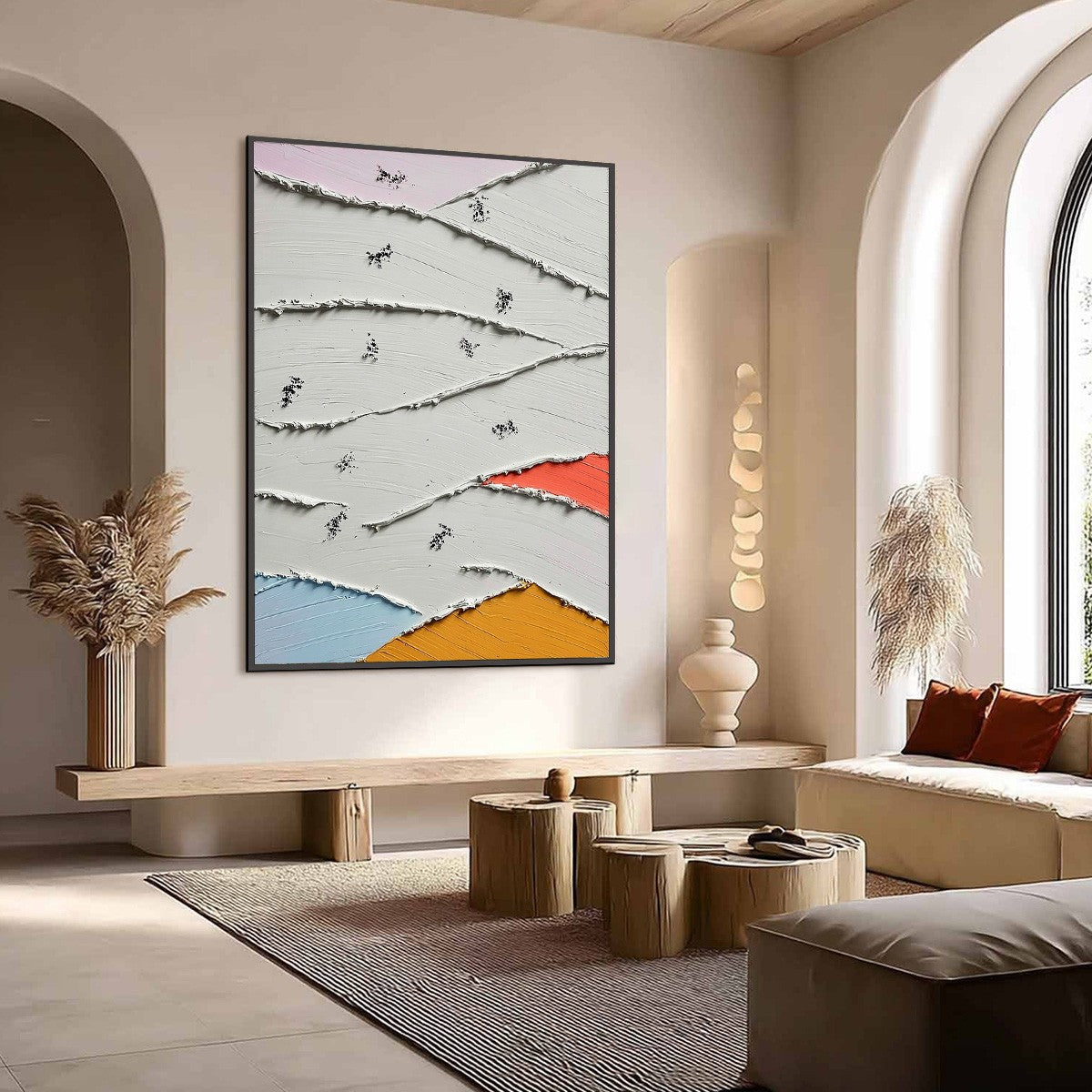 Original textured abstract impasto painting, Wabi-Sabi style, revealing layered colors.