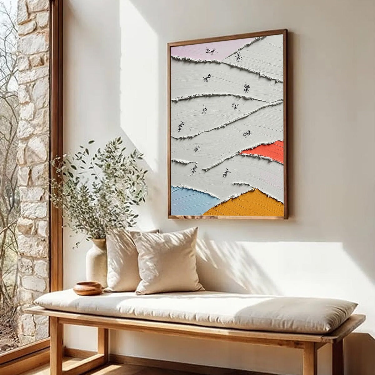 Original Wabi-Sabi abstract impasto painting with textured white layers and color glimpses.
