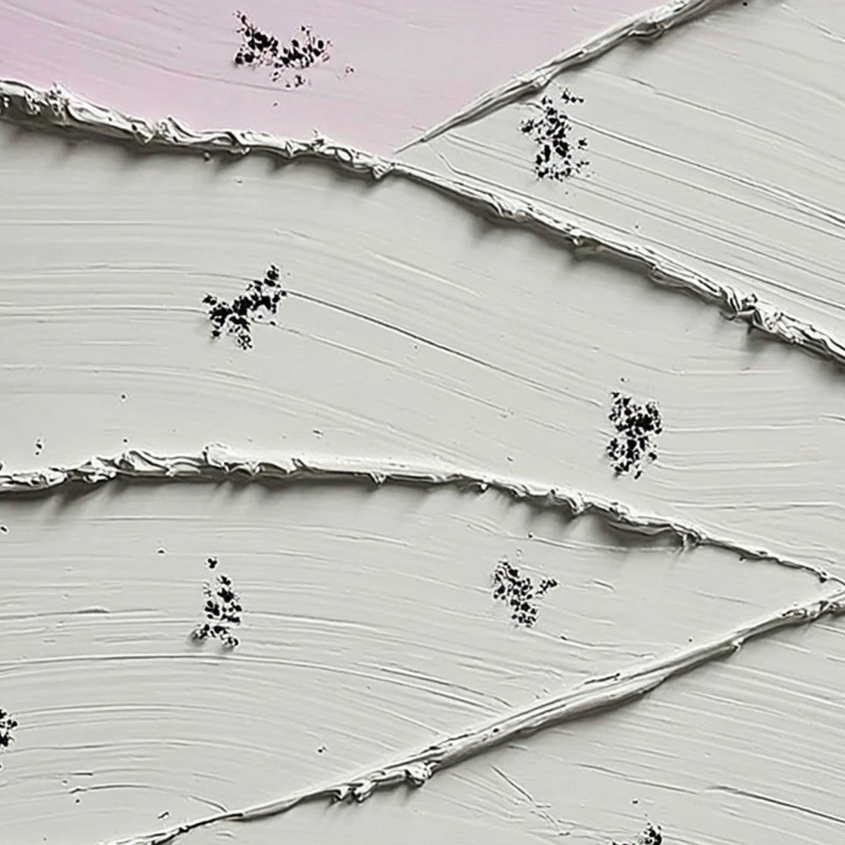 Handmade modern abstract impasto painting: thick white texture, pink, dark granular details.