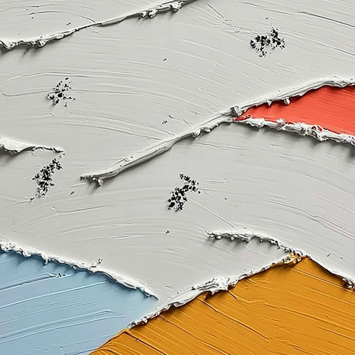 FRAGMENTS: Textured impasto abstract painting with white, coral, blue, ochre, and dark speckles.