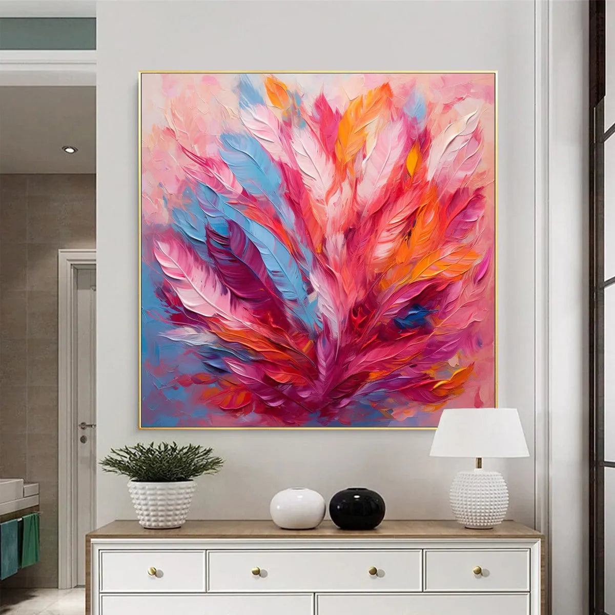 Feather Dance: Square Abstract Impasto Oil Painting Canvas Art