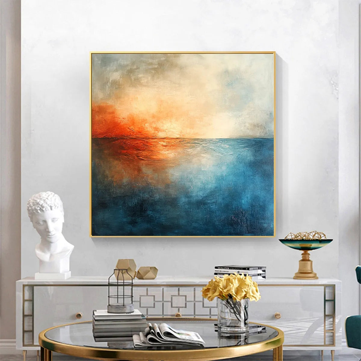Fiery Embrace: Abstract Ocean Sunset Oil Painting on Canvas