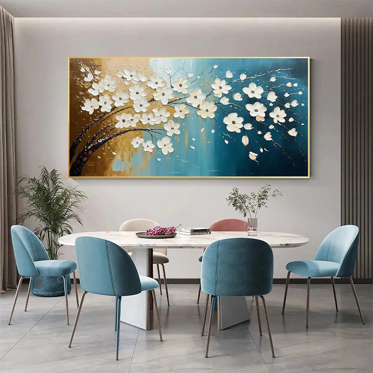 Floral Tree Oil Painting - Hand-Painted Blue and Gold Wall Art Decor