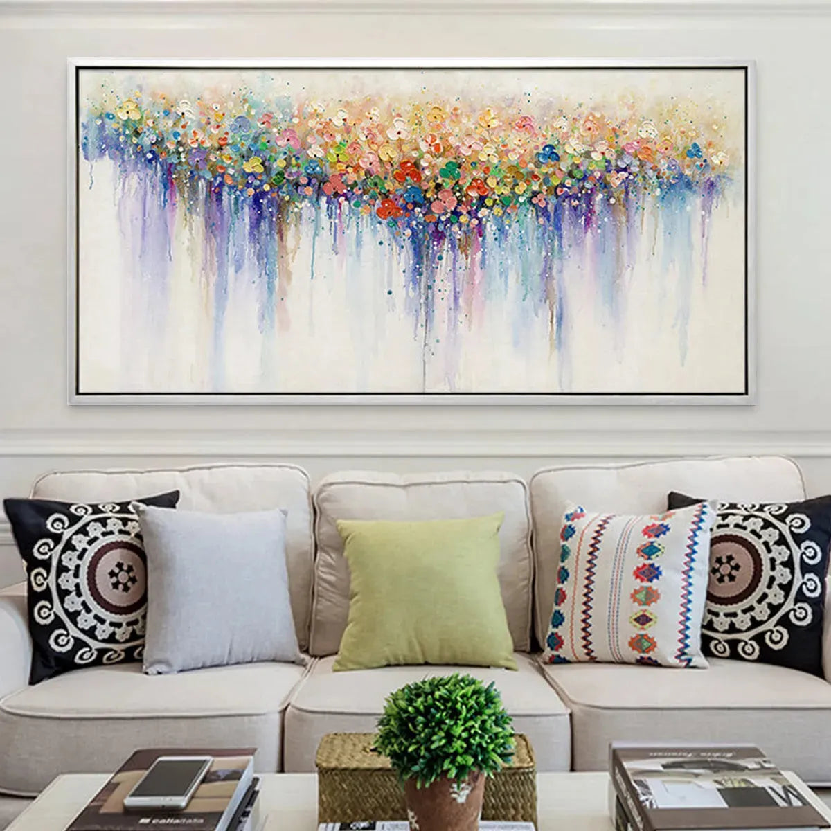 Flowerfall: Panoramic Abstract Floral Oil Painting with Watercolor Effect on Canvas