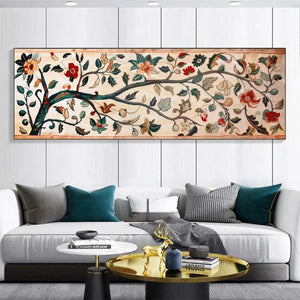 Liam O'Connell panoramic tapestry: flowering branch, red, peach, teal flowers on cream. Vintage floral art.