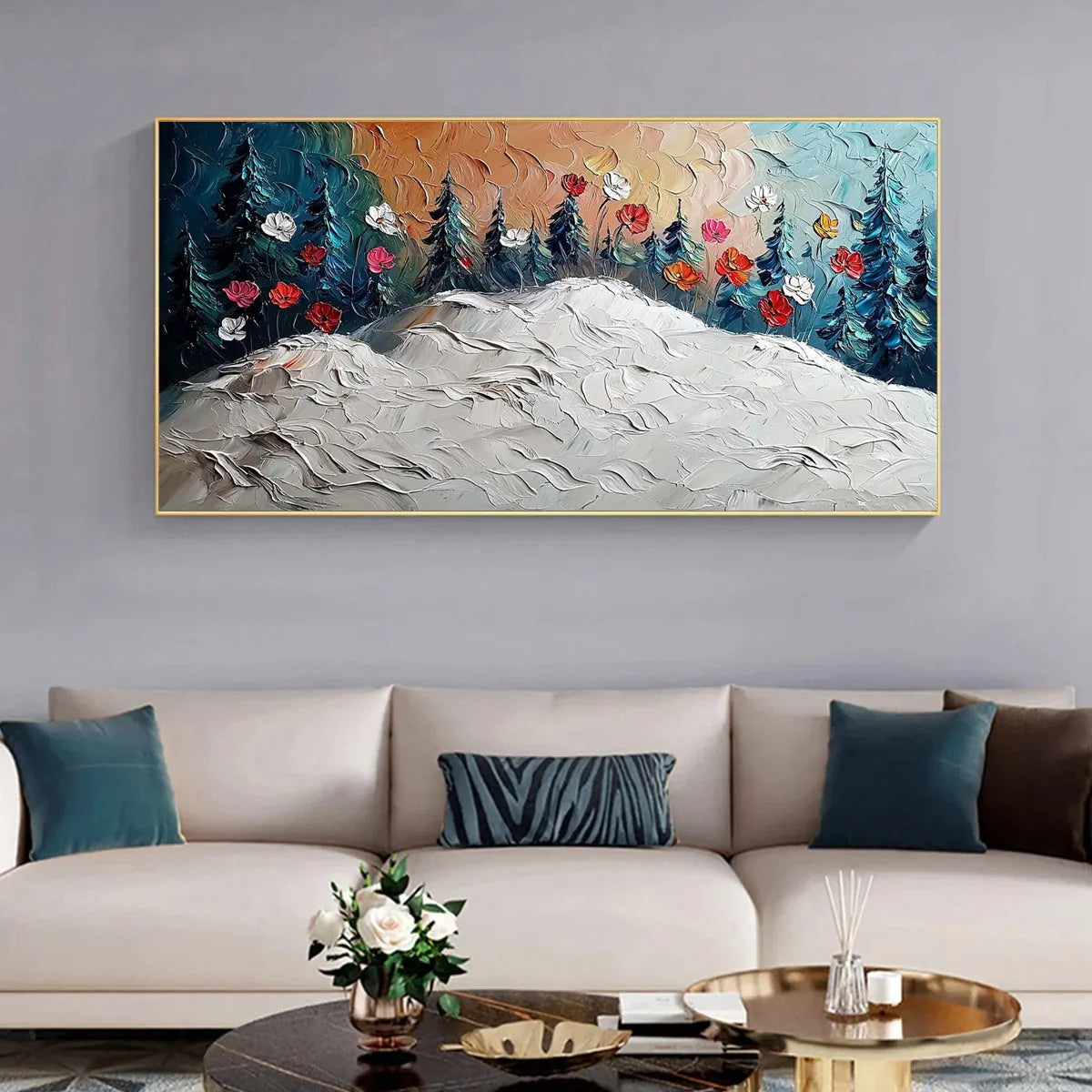 Frozen Bloom: Textured Impasto Landscape Painting with Floral Accents