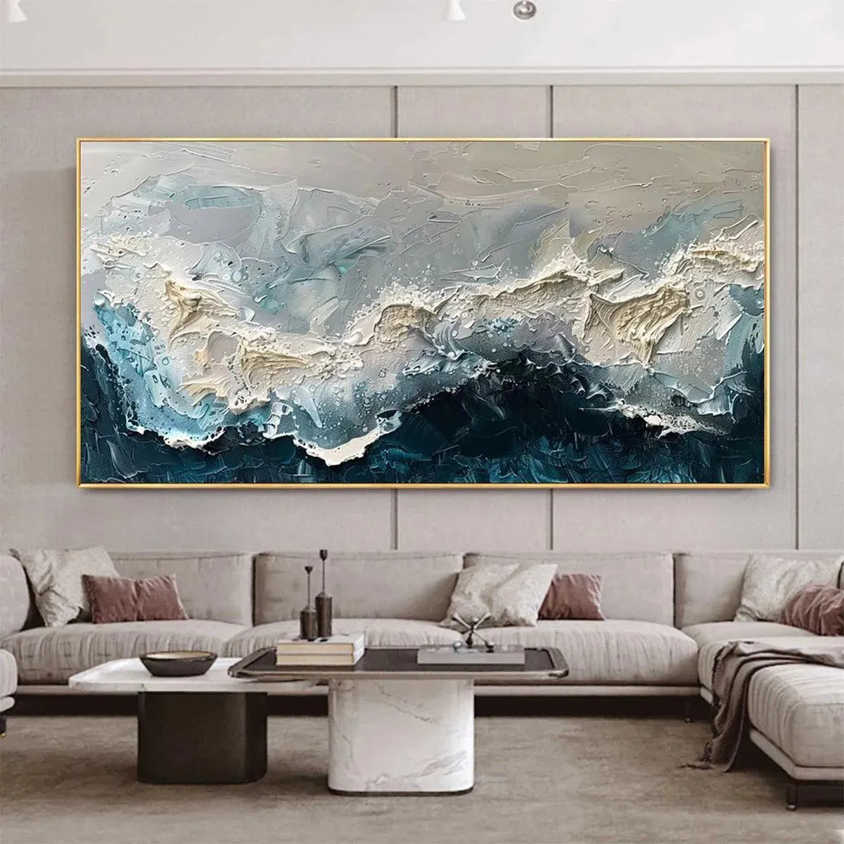 Liam O'Connell's "Frozen Motion" abstract waterscape painting. Textured teal, white, and blue art framed for home decor.