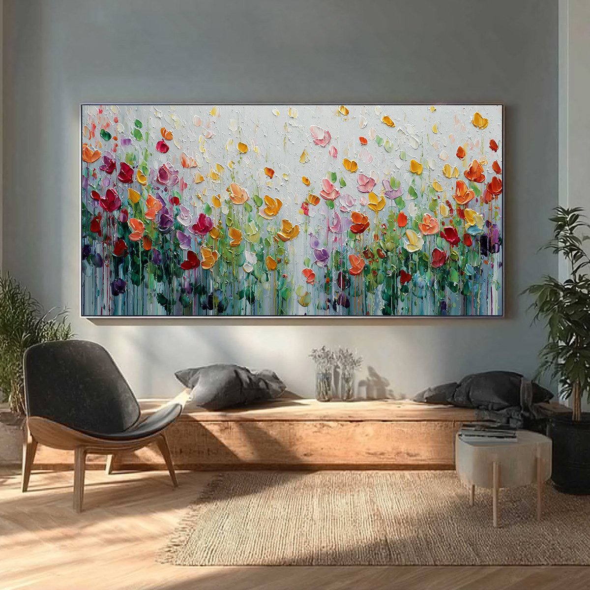 GARDEN OF JOY: Colorful Textured Impasto Flower Field Painting