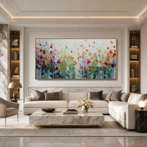 Colorful impasto flower field painting in gold frame, vibrant modern wall art for living room