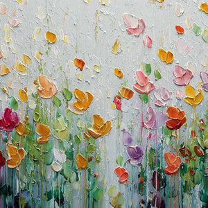 Colorful impasto flower field painting with textured petals and green stems