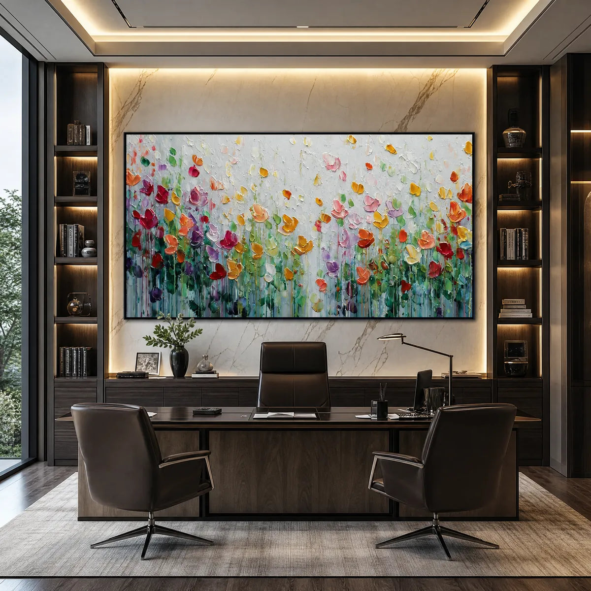 Colorful textured impasto flower field painting in a modern office