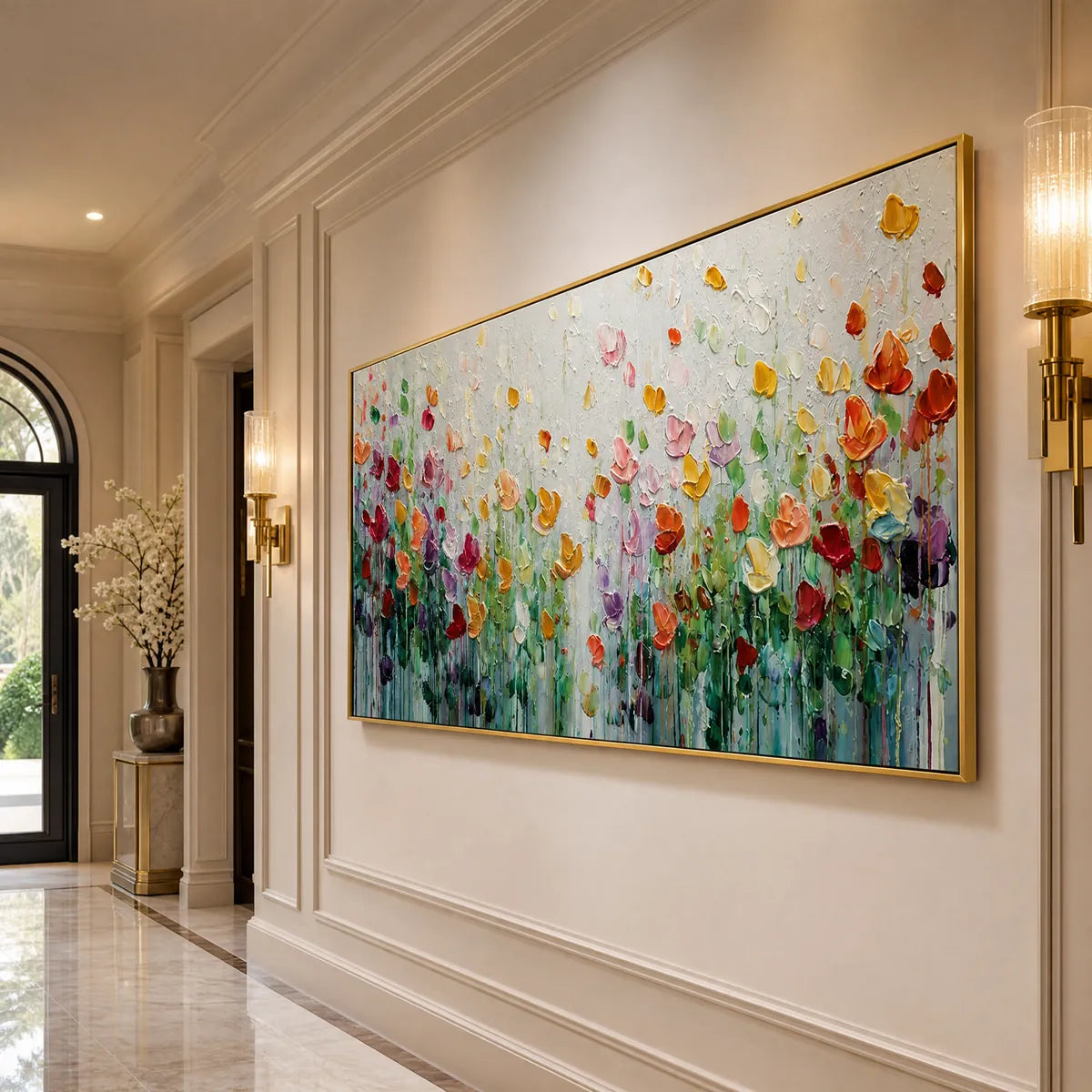 Textured impasto flower field wall art in gold frame, colorful abstract oil painting