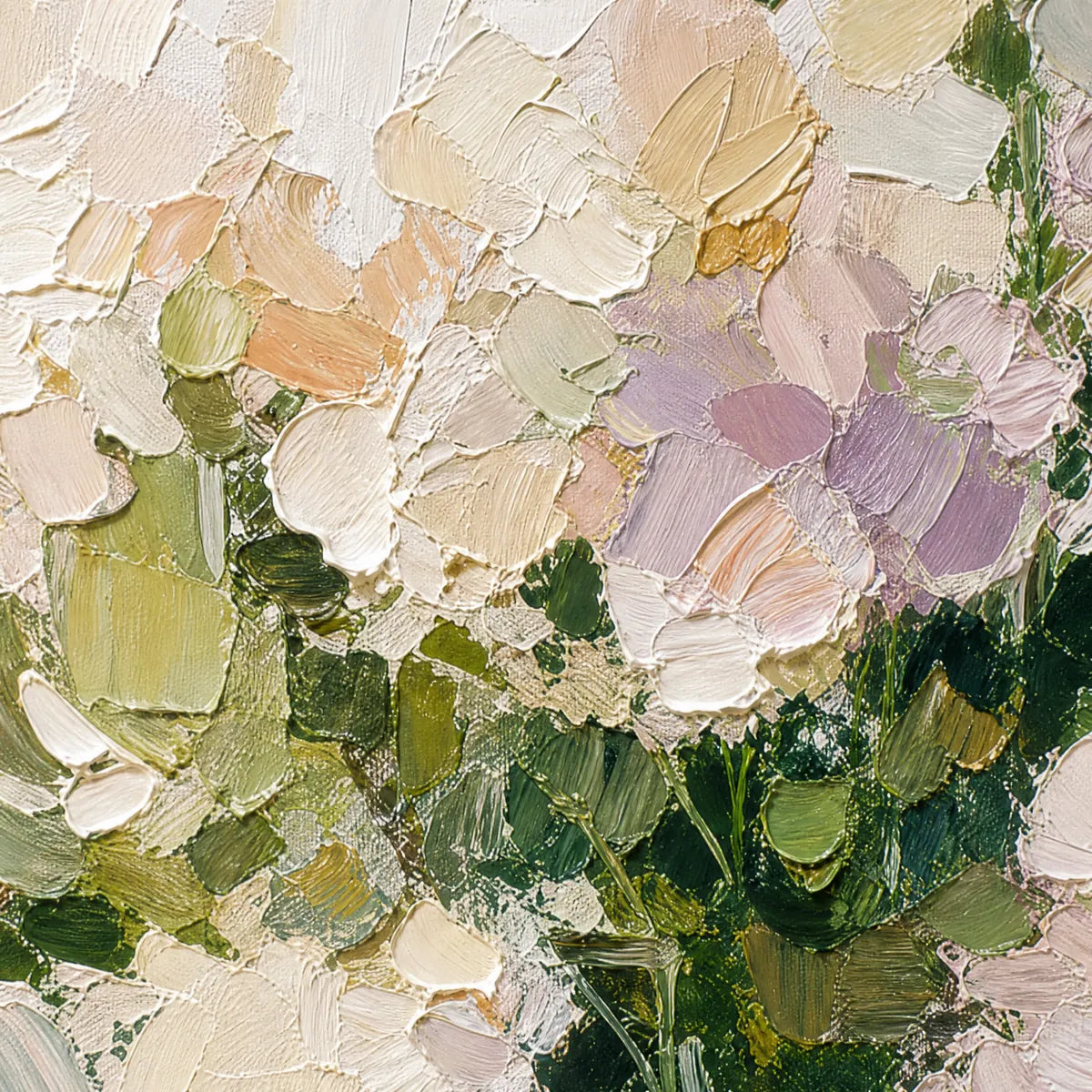 Square floral impasto oil painting with blush, lavender, and sage green petals