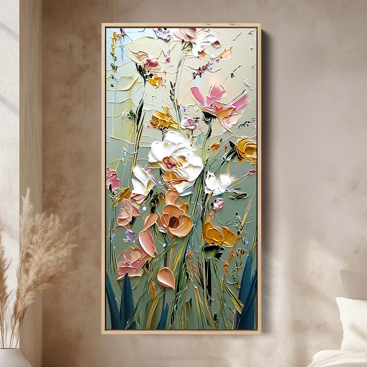 GARDEN WHISPERS: Vertical Palette Knife Floral Impasto Wall Art