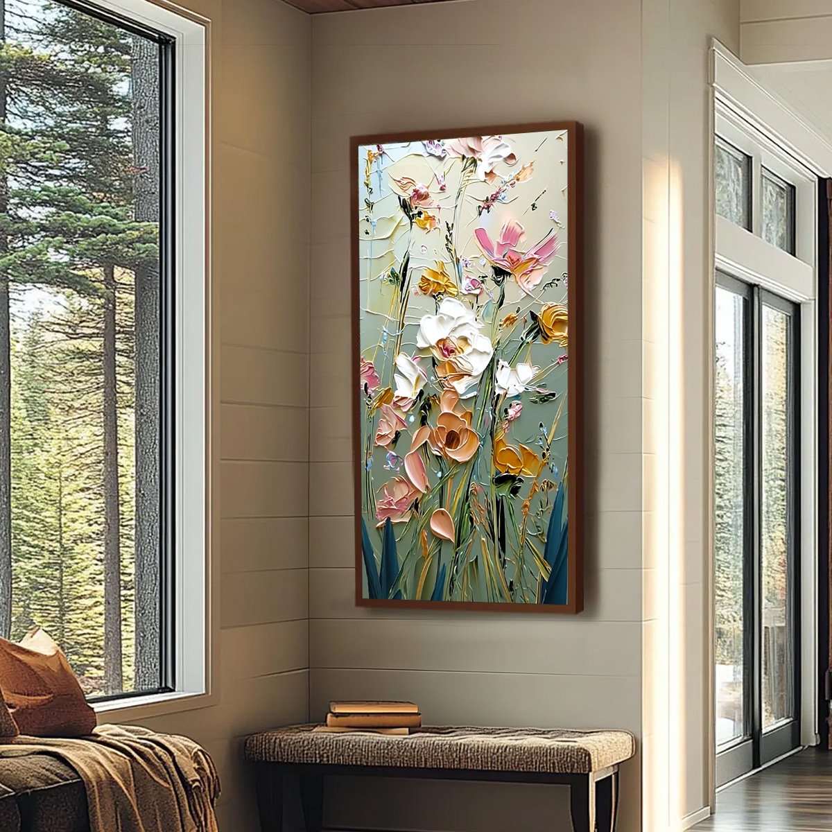 GARDEN WHISPERS: Vertical Palette Knife Floral Impasto Wall Art