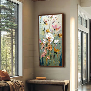 GARDEN WHISPERS: Vertical Palette Knife Floral Impasto Wall Art