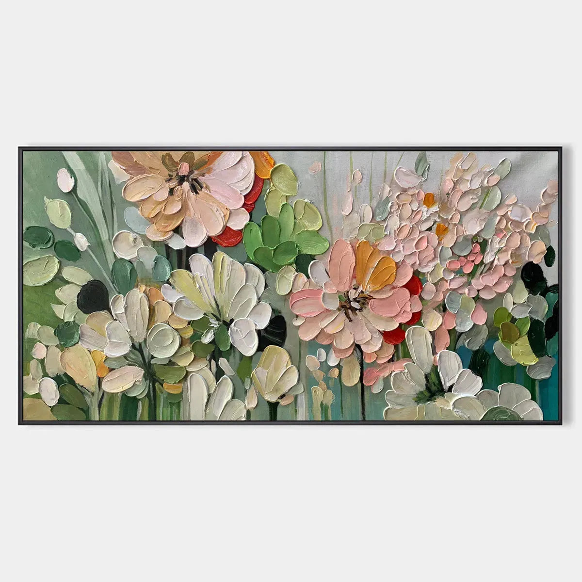 Textured Floral Painting, Impasto Palette Knife, Horizontal Canvas, Garden Wall Art