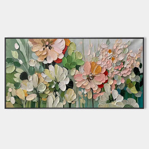 Textured Floral Painting, Impasto Palette Knife, Horizontal Canvas, Garden Wall Art