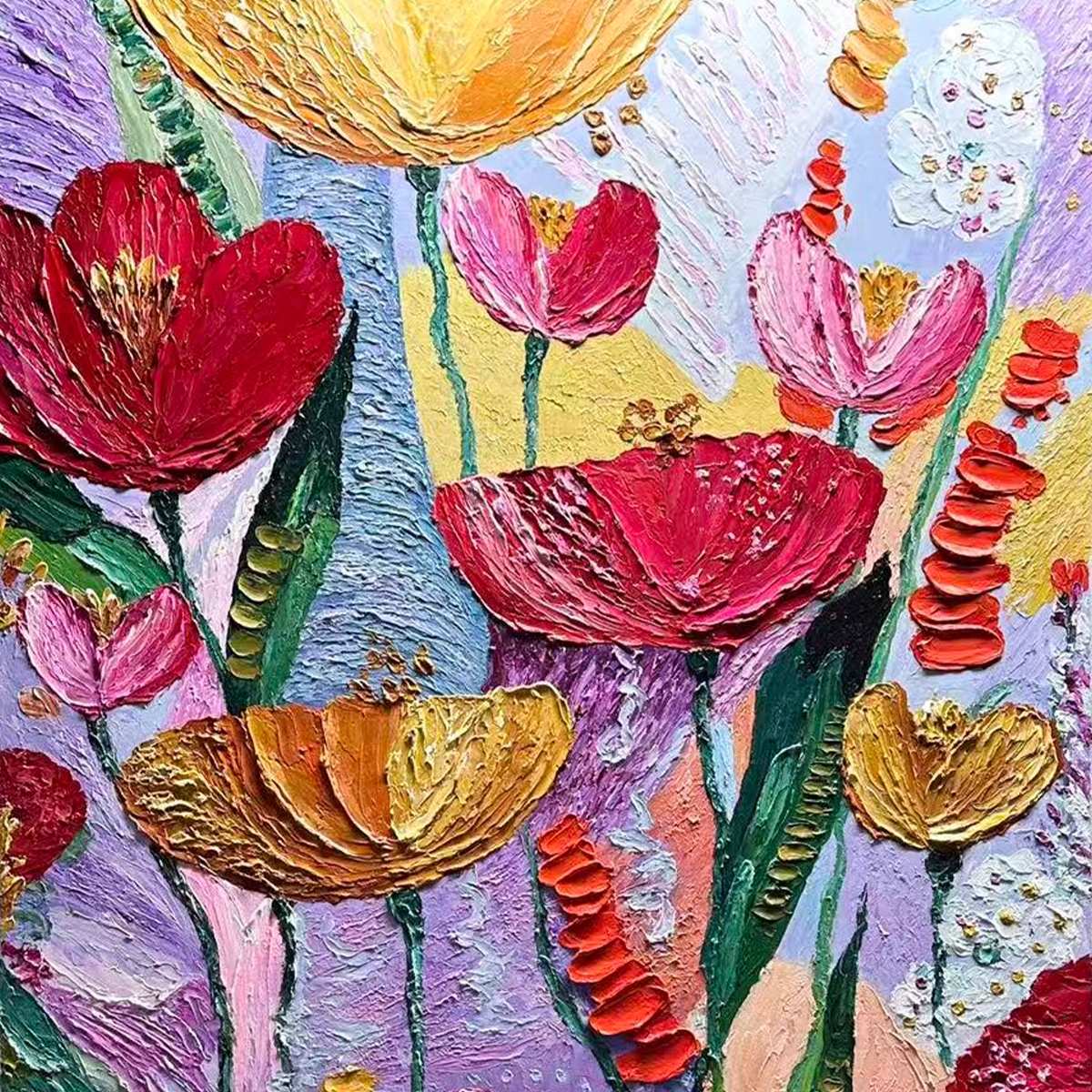 GARDEN MELODY: Textured Impasto Floral Oil Painting