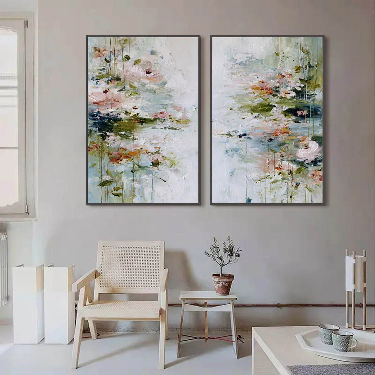 GARDEN REVERIE: Abstract Impressionist Floral Diptych Painting