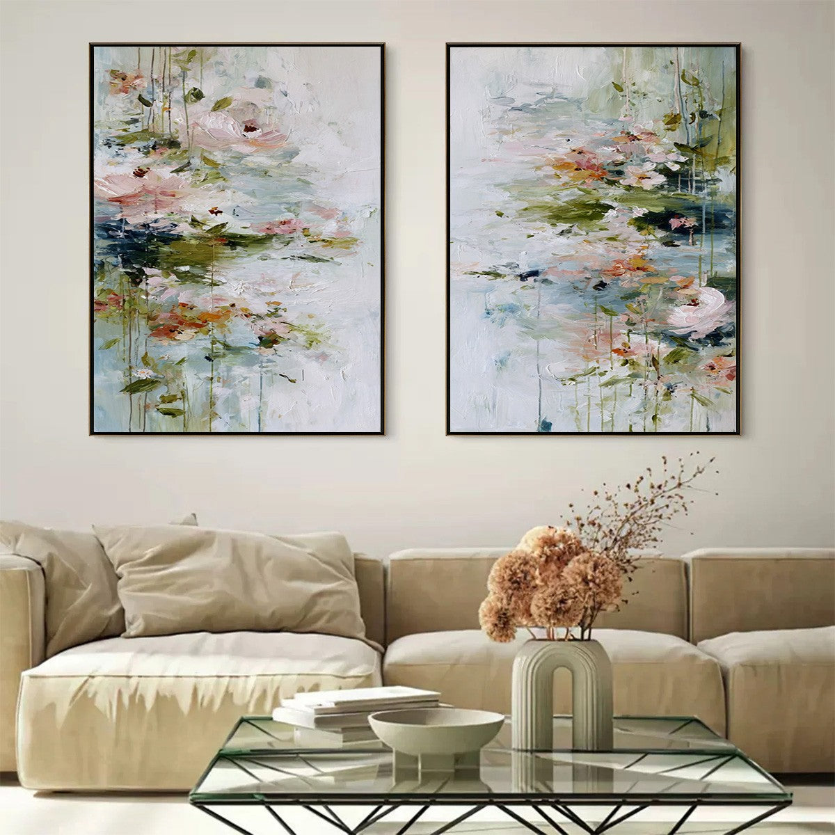 GARDEN REVERIE: Abstract Impressionist Floral Diptych Painting